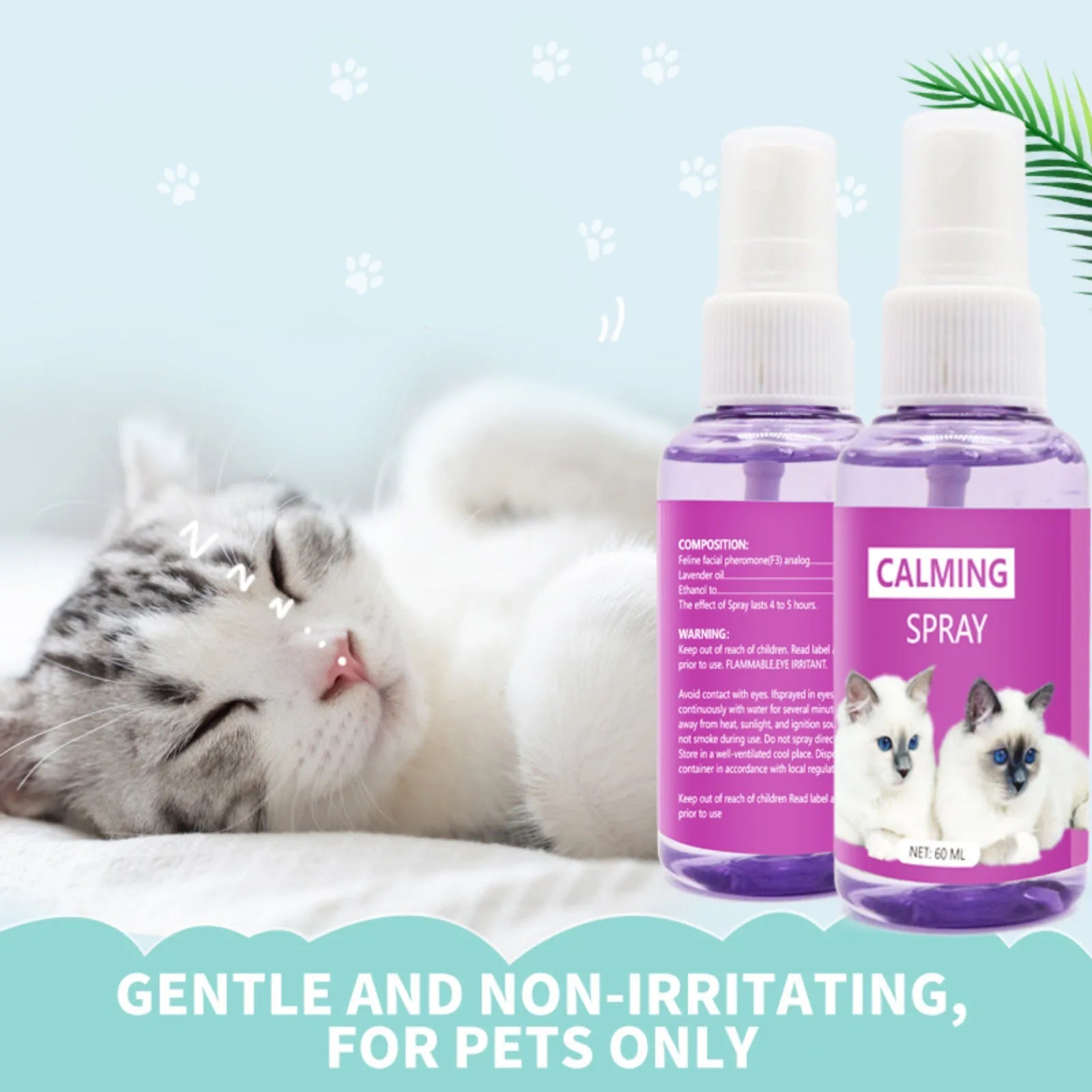 Cat Calming Spray - 60ml Cat Relaxer Spray | Cat Mood Soothing Spray, Promotes Relaxation, Cat Stress Relief Spray, Reduces Scratching Furniture, Helps to Support Restful Sleep for Your Cat